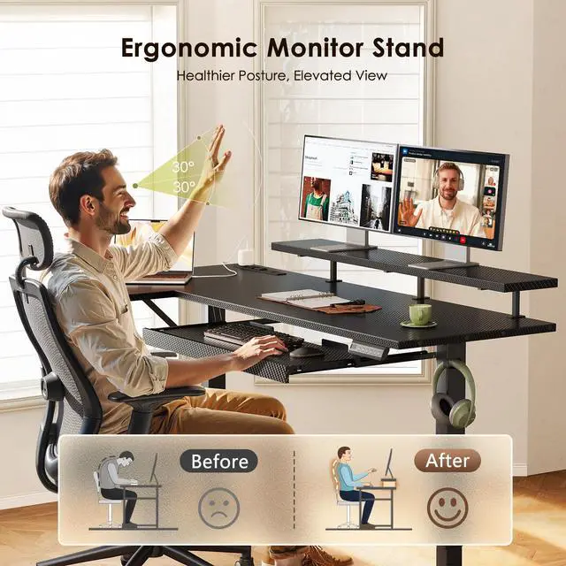 Alt view image 6 of 7 - 63" Reversible L Shaped Electric Standing Desk, Carbon Fiber Black | Monitor Stand, Keyboard Tray, Power Outlets, 3 Memory Presets, Corner Stand Up Desk for Ergonomic Home Office, Workstaion