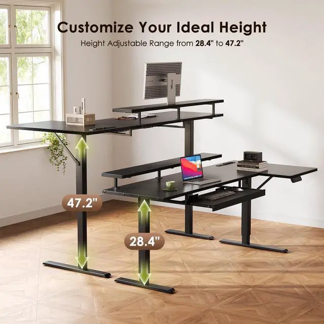 Alt view image 7 of 7 - 63" Reversible L Shaped Electric Standing Desk, Carbon Fiber Black | Monitor Stand, Keyboard Tray, Power Outlets, 3 Memory Presets, Corner Stand Up Desk for Ergonomic Home Office, Workstaion