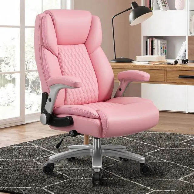Alt view image 2 of 7 - 600lbs Big and Tall Office Chair with Flip up Armrest, Large Heavy Duty Chair with Ergonomic Lumbar Support, xecutive Office for Heavy People with Quiet Rubber Wheel (Pink)