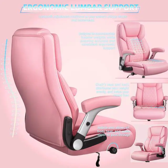 Alt view image 4 of 7 - 600lbs Big and Tall Office Chair with Flip up Armrest, Large Heavy Duty Chair with Ergonomic Lumbar Support, xecutive Office for Heavy People with Quiet Rubber Wheel (Pink)