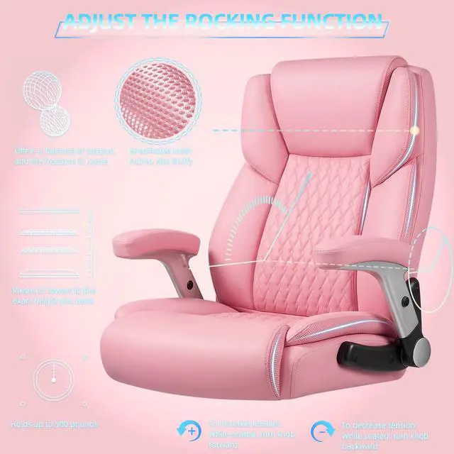 Alt view image 5 of 7 - 600lbs Big and Tall Office Chair with Flip up Armrest, Large Heavy Duty Chair with Ergonomic Lumbar Support, xecutive Office for Heavy People with Quiet Rubber Wheel (Pink)