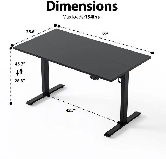 Alt view image 2 of 7 - Electric Height Adjustable Standing Desk, 55 Inch, Black | Smooth Height Adjustment, Memory Presets, Hooks, Stable Steel Frame,154 lbs Capacity, Easy Assembly, Splice Board