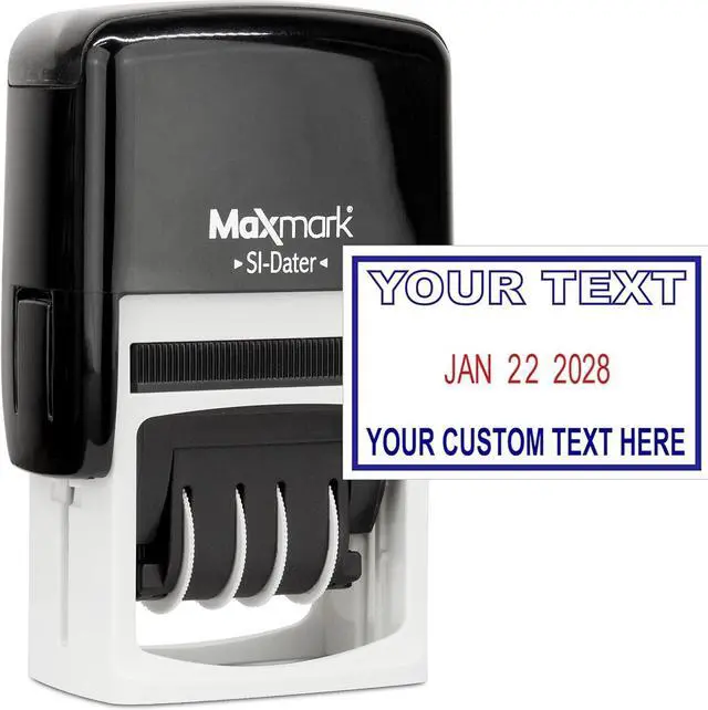 Main image of MaxMark Office Date Self Inking Stamp with 2-Line Custom Text - 1" x 1-5/8 - 2-Color Blue/Red Ink