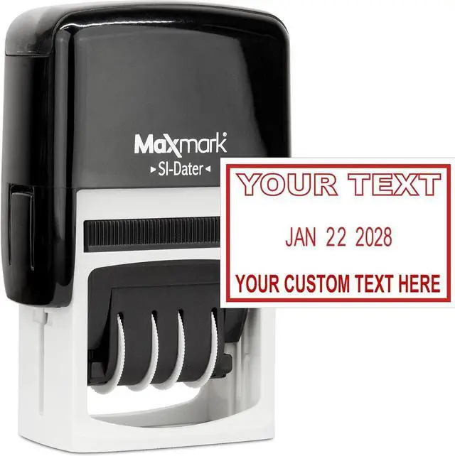Main image of MaxMark Office Date Self Inking Stamp with 2-Line Custom Text - 1" x 1-5/8 - Choice of Ink Color