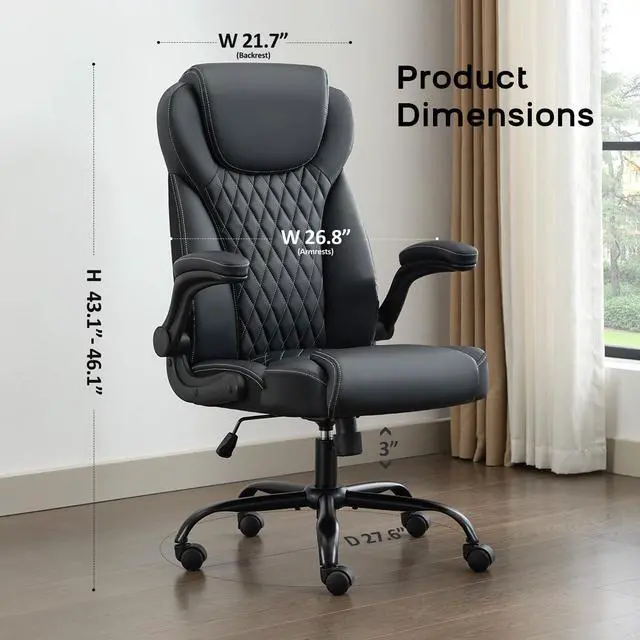Alt view image 2 of 7 - Big and Tall Office Chair, Flip-Up, Executive Desk Chair, Black | Ergonomic Leather High Back, Lumbar Support, 90 °Lock, 115° Tilt, 20 Spring Packs, 300lbs Capacity, Wide Seat/Smooth Casters