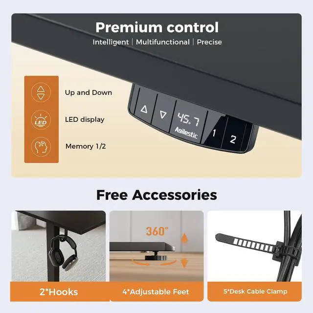 Alt view image 6 of 7 - Electric Height Adjustable Standing Desk, 55 Inch, Black | Smooth Height Adjustment, Memory Presets, Hooks, Stable Steel Frame,154 lbs Capacity, Easy Assembly, Splice Board