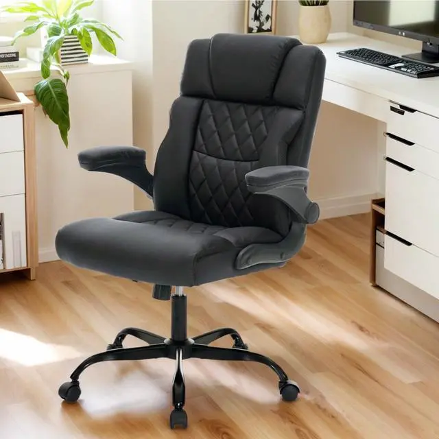 Alt view image 2 of 7 - Ergonomic Office Chair, Executive Desk Chair with Flip-up Armrest, Swivel Computer Task Chair with Wheels for Home Office, Small Black Gaming Chair with Adjustable Rocking Function