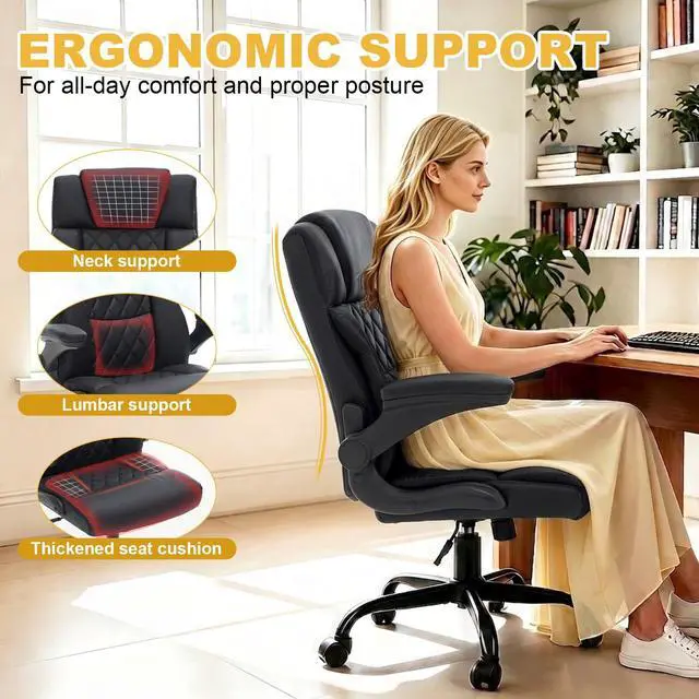Alt view image 4 of 7 - Ergonomic Office Chair, Executive Desk Chair with Flip-up Armrest, Swivel Computer Task Chair with Wheels for Home Office, Small Black Gaming Chair with Adjustable Rocking Function