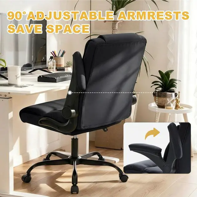 Alt view image 6 of 7 - Ergonomic Office Chair, Executive Desk Chair with Flip-up Armrest, Swivel Computer Task Chair with Wheels for Home Office, Small Black Gaming Chair with Adjustable Rocking Function