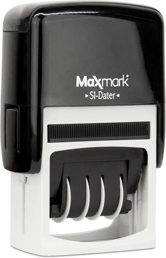 Alt view image 2 of 5 - MaxMark Office Date Self Inking Stamp with 2-Line Custom Text - 1" x 1-5/8 - 2-Color Blue/Red Ink