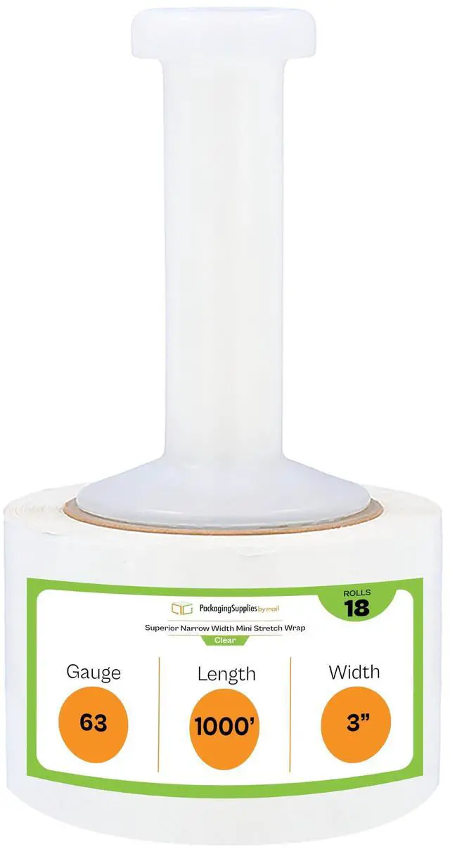 Main image of PSBM Mini Stretch Wrap with Plastic Handle, 18 Rolls 3 Inch x 1000 Feet 63 Gauge Heavy Duty Clear Plastic Wrap Industrial Strength Shrink Film for Moving, Packing & Shipping