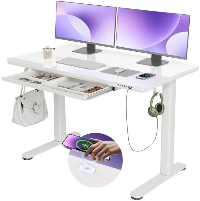 Main image of Wireless Charging Glass Standing Desk with Drawers 48×24 Inch | Tempered One-Piece Glass Top, Ergonomic, Smooth Height Adjustment, 3 Memory Presets, Super White