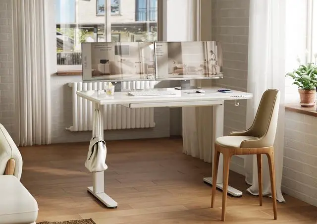 Alt view image 2 of 7 - Wireless Charging Glass Standing Desk with Drawers 48×24 Inch | Tempered One-Piece Glass Top, Ergonomic, Smooth Height Adjustment, 3 Memory Presets, Super White
