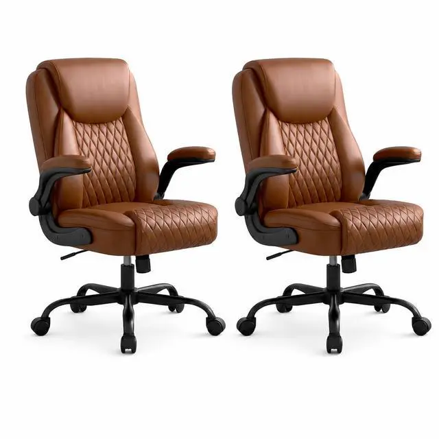 Main image of Brown Office Desk Chair with 90° Flip-up Arm, 2 Pack | Leather Chair for Home, Ergonomic Design Office Chair, Computer Desk Chair for Gaming, Adjustable Height