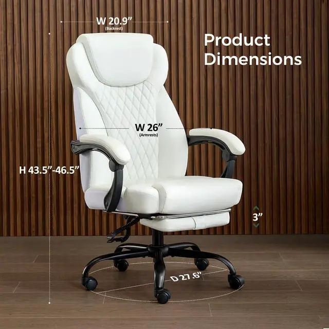 Alt view image 2 of 7 - Big and Tall Office Chair with Footrest, Lumbar Support, White | Ergonomic Leather High Back, Infinite Lock Reclining 90°-135°, 20 Spring Packs, 300lbs Capacity, Executive Desk Chair