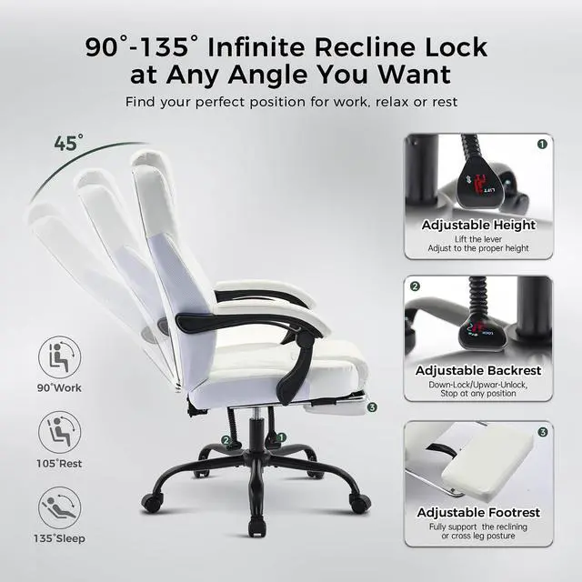 Alt view image 5 of 7 - Big and Tall Office Chair with Footrest, Lumbar Support, White | Ergonomic Leather High Back, Infinite Lock Reclining 90°-135°, 20 Spring Packs, 300lbs Capacity, Executive Desk Chair