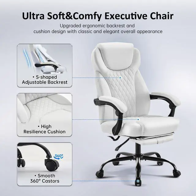 Alt view image 6 of 7 - Big and Tall Office Chair with Footrest, Lumbar Support, White | Ergonomic Leather High Back, Infinite Lock Reclining 90°-135°, 20 Spring Packs, 300lbs Capacity, Executive Desk Chair