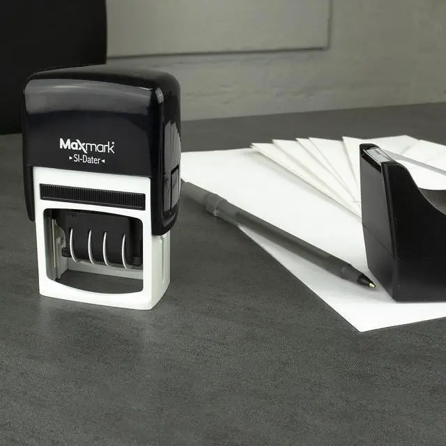 Alt view image 4 of 5 - MaxMark Office Date Self Inking Stamp with 2-Line Custom Text - 1" x 1-5/8 - 2-Color Blue/Red Ink