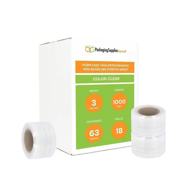 Alt view image 2 of 7 - PSBM Mini Stretch Wrap with Plastic Handle, 18 Rolls 3 Inch x 1000 Feet 63 Gauge Heavy Duty Clear Plastic Wrap Industrial Strength Shrink Film for Moving, Packing & Shipping