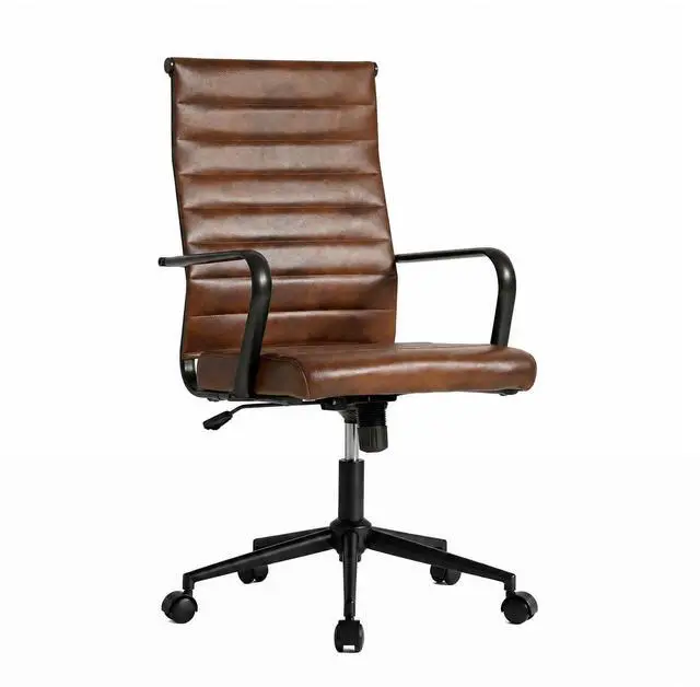 Main image of Genuine Leather Office Desk Chair, Mid-Century Modern Real Leather Conference Room Chairs, Ergonomic Executive Ribbed Height Adjustable Swivel Rolling Chair for Home Office