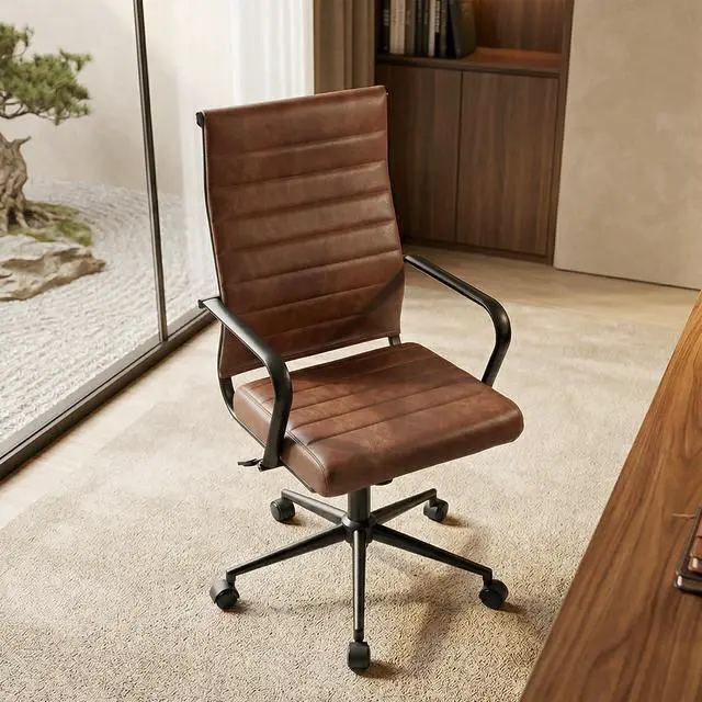 Alt view image 2 of 7 - Genuine Leather Office Desk Chair, Mid-Century Modern Real Leather Conference Room Chairs, Ergonomic Executive Ribbed Height Adjustable Swivel Rolling Chair for Home Office