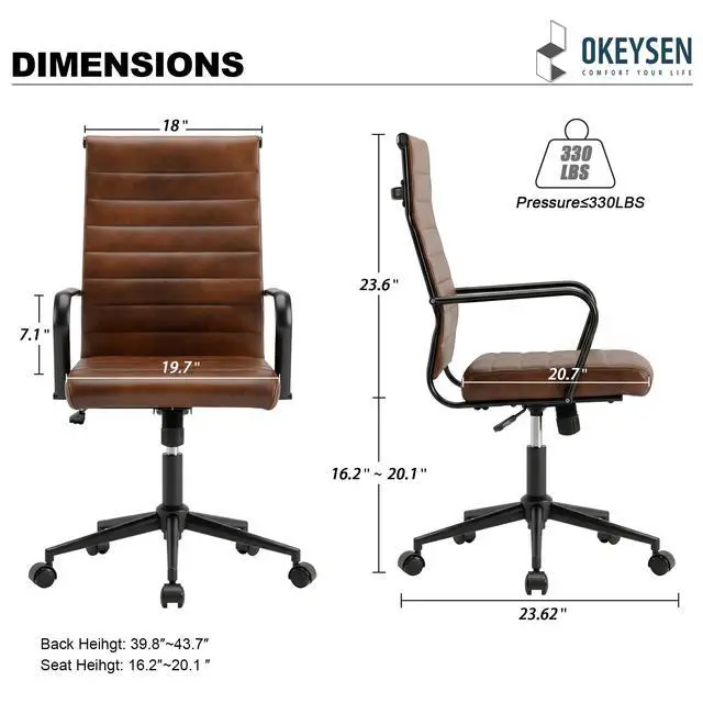 Alt view image 3 of 7 - Genuine Leather Office Desk Chair, Mid-Century Modern Real Leather Conference Room Chairs, Ergonomic Executive Ribbed Height Adjustable Swivel Rolling Chair for Home Office