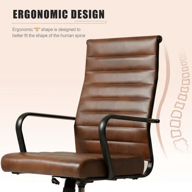 Alt view image 4 of 7 - Genuine Leather Office Desk Chair, Mid-Century Modern Real Leather Conference Room Chairs, Ergonomic Executive Ribbed Height Adjustable Swivel Rolling Chair for Home Office