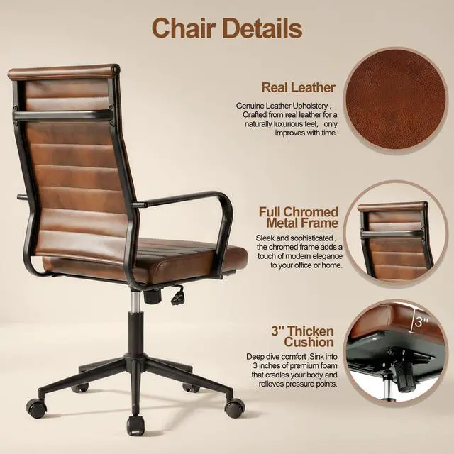 Alt view image 5 of 7 - Genuine Leather Office Desk Chair, Mid-Century Modern Real Leather Conference Room Chairs, Ergonomic Executive Ribbed Height Adjustable Swivel Rolling Chair for Home Office