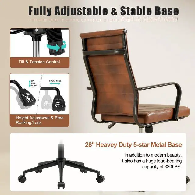 Alt view image 6 of 7 - Genuine Leather Office Desk Chair, Mid-Century Modern Real Leather Conference Room Chairs, Ergonomic Executive Ribbed Height Adjustable Swivel Rolling Chair for Home Office