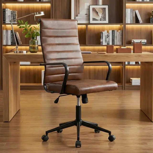 Alt view image 7 of 7 - Genuine Leather Office Desk Chair, Mid-Century Modern Real Leather Conference Room Chairs, Ergonomic Executive Ribbed Height Adjustable Swivel Rolling Chair for Home Office