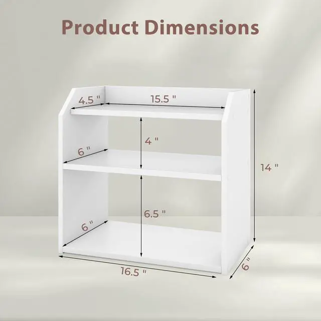 Alt view image 2 of 7 - 3-Tier Desktop Bookshelf, Wooden Countertop Bookcase with Guardrails, Space-Saving Desk Display Hutch Shelf, Modern Tabletop Storage Organizer for Study Room, Office and Dormitory (1,White)