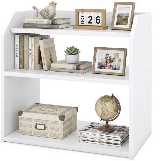 Main image of 3-Tier Desktop Bookshelf, Wooden Countertop Bookcase with Guardrails, Space-Saving Desk Display Hutch Shelf, Modern Tabletop Storage Organizer for Study Room, Office and Dormitory (1,White)