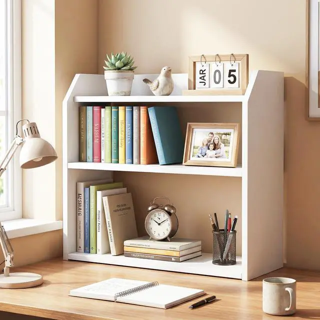 Alt view image 4 of 7 - 3-Tier Desktop Bookshelf, Wooden Countertop Bookcase with Guardrails, Space-Saving Desk Display Hutch Shelf, Modern Tabletop Storage Organizer for Study Room, Office and Dormitory (1,White)
