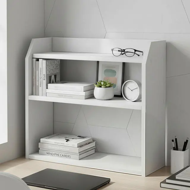 Alt view image 3 of 7 - 3-Tier Desktop Bookshelf, Wooden Countertop Bookcase with Guardrails, Space-Saving Desk Display Hutch Shelf, Modern Tabletop Storage Organizer for Study Room, Office and Dormitory (1,White)