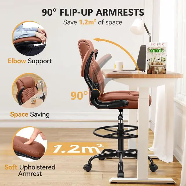 Alt view image 4 of 7 - Drafting Chair, Tall Office Chair for Standing Desk, High Executive Leather Ergonomic Computer Chair with Adjustable Height and Flip-Up Armrest for Counter Height Desk, Brown, Pack of 1