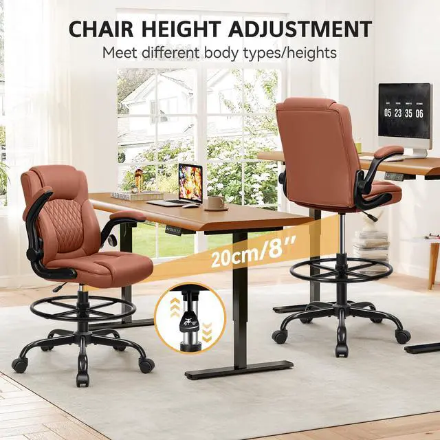 Alt view image 5 of 7 - Drafting Chair, Tall Office Chair for Standing Desk, High Executive Leather Ergonomic Computer Chair with Adjustable Height and Flip-Up Armrest for Counter Height Desk, Brown, Pack of 1