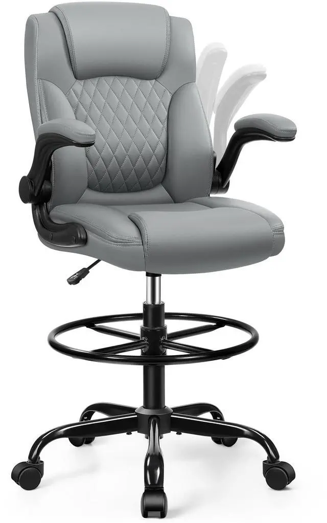 Main image of Drafting Chair, Tall Office Chair for Standing Desk, High Executive Leather Ergonomic Computer Chair with Adjustable Height and Flip-Up Armrest for Counter Height Desk, Grey, Pack of 1