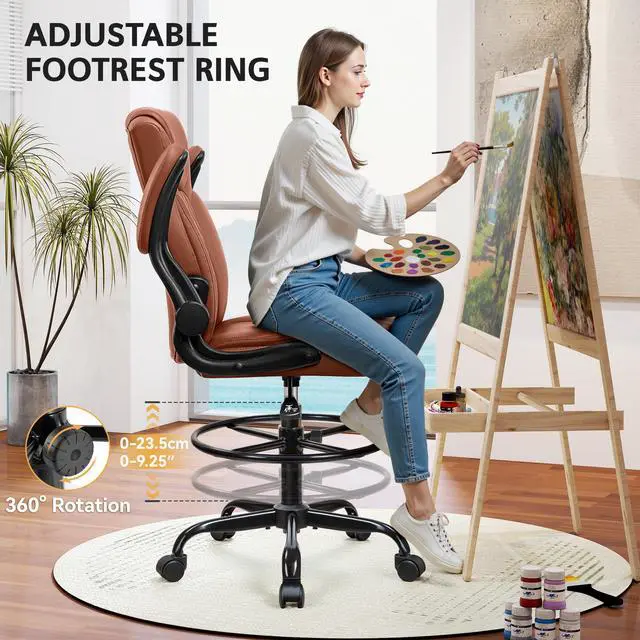 Alt view image 7 of 7 - Drafting Chair, Tall Office Chair for Standing Desk, High Executive Leather Ergonomic Computer Chair with Adjustable Height and Flip-Up Armrest for Counter Height Desk, Brown, Pack of 1