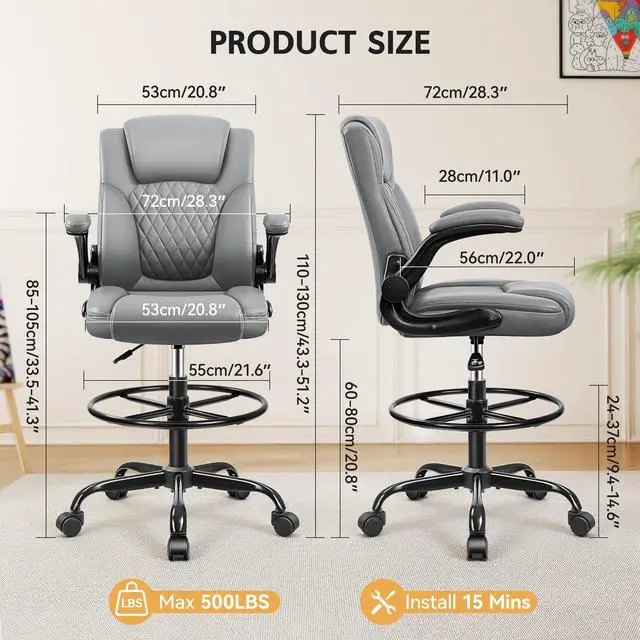 Alt view image 3 of 7 - Drafting Chair, Tall Office Chair for Standing Desk, High Executive Leather Ergonomic Computer Chair with Adjustable Height and Flip-Up Armrest for Counter Height Desk, Grey, Pack of 1
