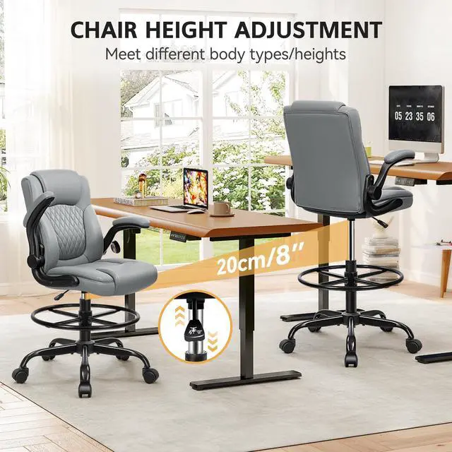 Alt view image 5 of 7 - Drafting Chair, Tall Office Chair for Standing Desk, High Executive Leather Ergonomic Computer Chair with Adjustable Height and Flip-Up Armrest for Counter Height Desk, Grey, Pack of 1