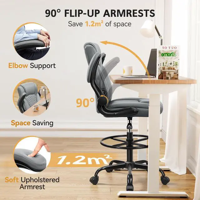 Alt view image 4 of 7 - Drafting Chair, Tall Office Chair for Standing Desk, High Executive Leather Ergonomic Computer Chair with Adjustable Height and Flip-Up Armrest for Counter Height Desk, Grey, Pack of 1