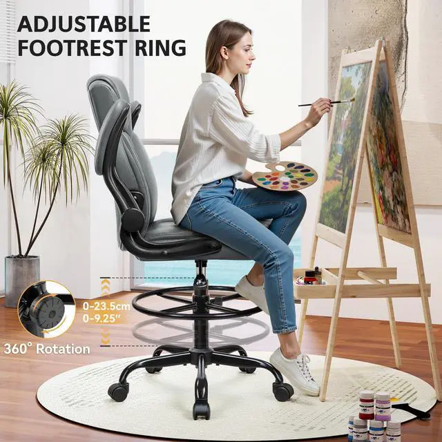 Alt view image 7 of 7 - Drafting Chair, Tall Office Chair for Standing Desk, High Executive Leather Ergonomic Computer Chair with Adjustable Height and Flip-Up Armrest for Counter Height Desk, Grey, Pack of 1
