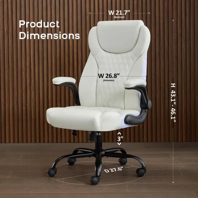 Alt view image 2 of 7 - Big and Tall Office Chair, Flip-Up, Executive Desk Chair, White | Ergonomic Leather High Back, Lumbar Support, 90 °Lock, 115° Tilt, 20 Spring Packs, 300lbs Capacity, Wide Seat/Smooth Casters