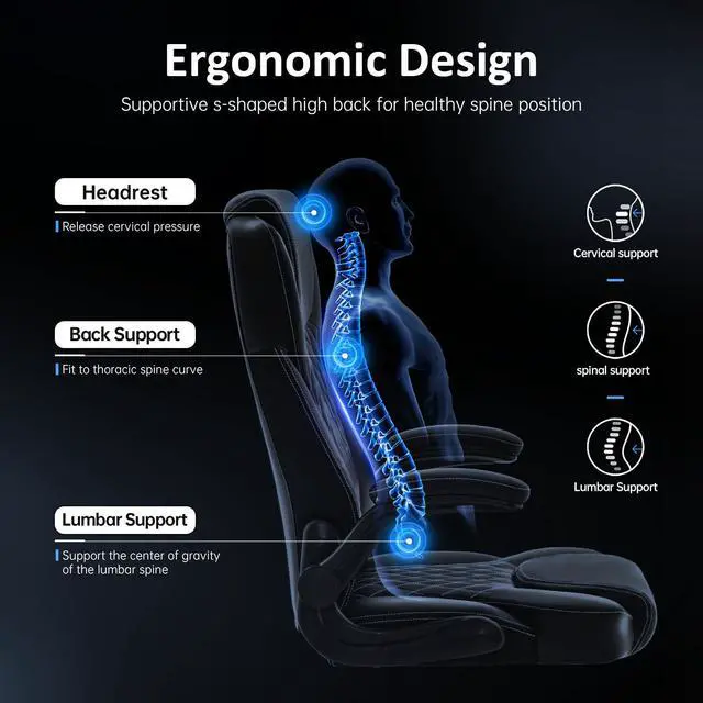 Alt view image 6 of 7 - Big and Tall Office Chair, Flip-Up, Executive Desk Chair, White | Ergonomic Leather High Back, Lumbar Support, 90 °Lock, 115° Tilt, 20 Spring Packs, 300lbs Capacity, Wide Seat/Smooth Casters