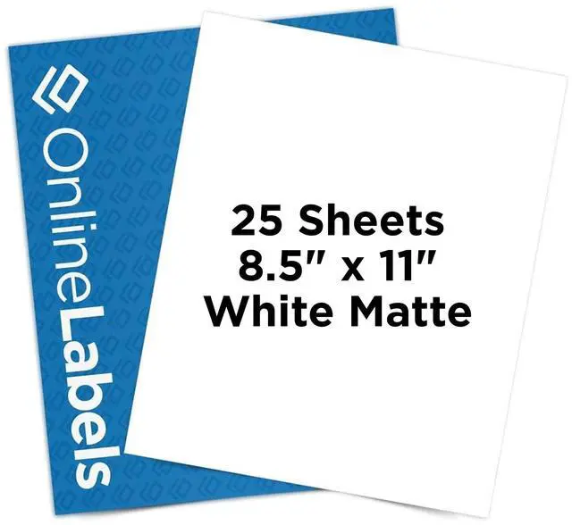 Main image of OnlineLabels 8.5" x 11" Sticker Paper - White Matte - Inkjet/Laser | 25 Sheets, Permanent Adhesive, Blank Full Sheet Labels, Inkjet & Laser Compatible, Works With Cricut, Silhouette, & More