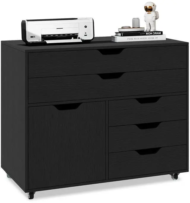 Main image of File Cabinet, 4 Drawer Filing Cabinet with Doors | Mobile Storage Organizer, Wooden Printer Stand on Wheels for Study, Home Office, Living Room (Black)