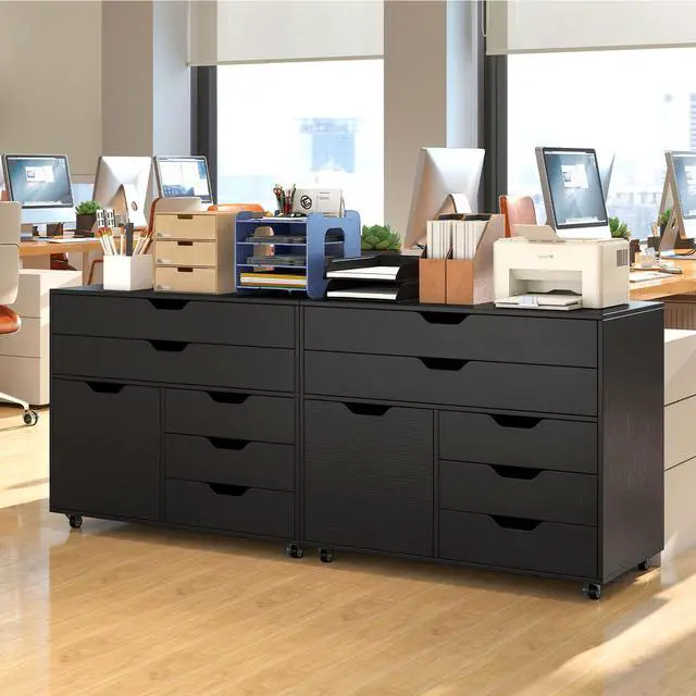Alt view image 2 of 7 - File Cabinet, 4 Drawer Filing Cabinet with Doors | Mobile Storage Organizer, Wooden Printer Stand on Wheels for Study, Home Office, Living Room (Black)