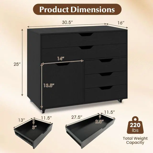 Alt view image 3 of 7 - File Cabinet, 4 Drawer Filing Cabinet with Doors | Mobile Storage Organizer, Wooden Printer Stand on Wheels for Study, Home Office, Living Room (Black)