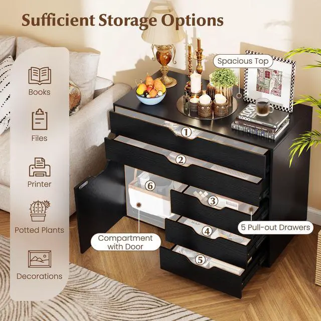 Alt view image 4 of 7 - File Cabinet, 4 Drawer Filing Cabinet with Doors | Mobile Storage Organizer, Wooden Printer Stand on Wheels for Study, Home Office, Living Room (Black)