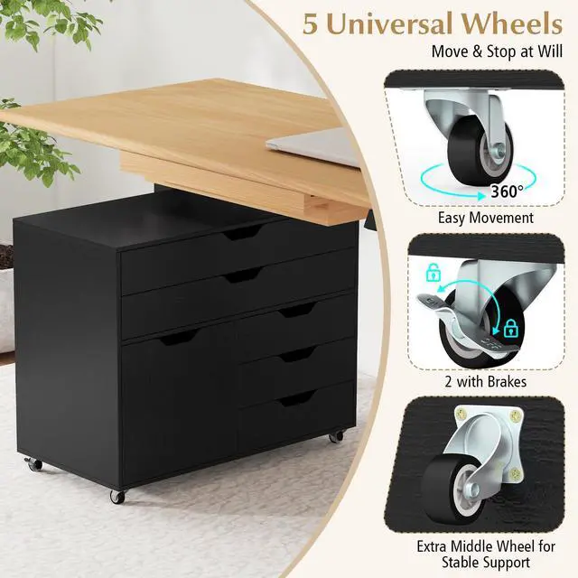 Alt view image 5 of 7 - File Cabinet, 4 Drawer Filing Cabinet with Doors | Mobile Storage Organizer, Wooden Printer Stand on Wheels for Study, Home Office, Living Room (Black)